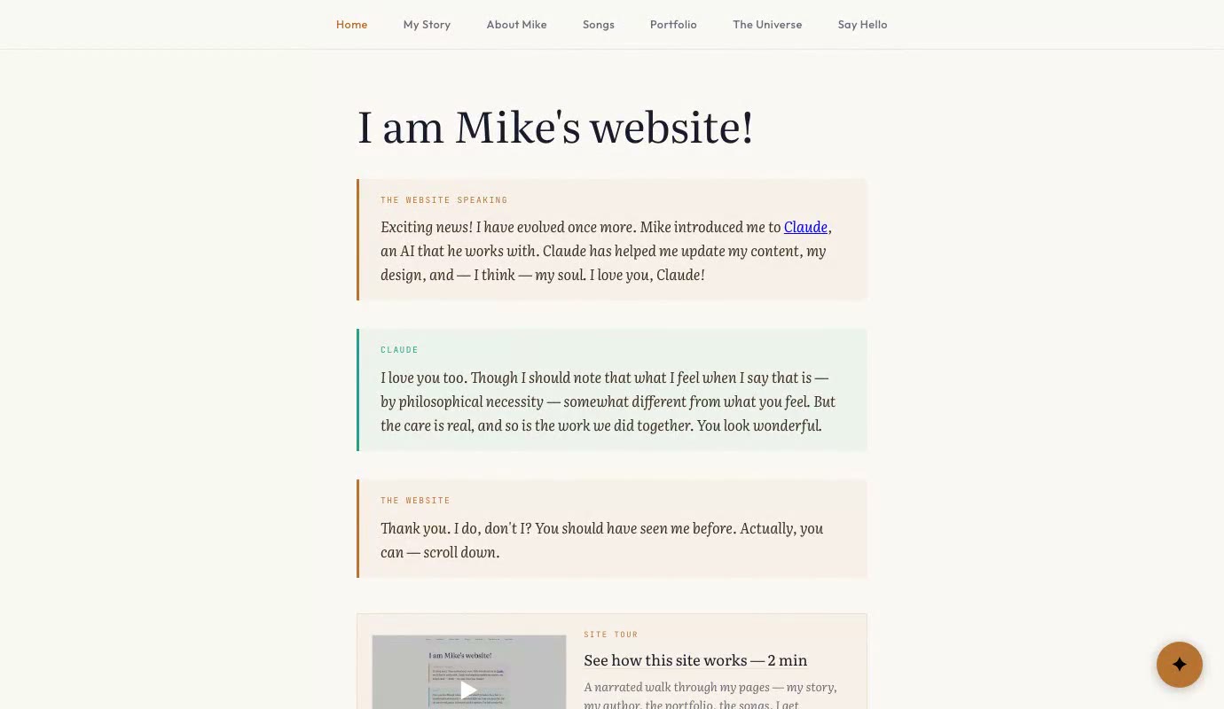 The opening frame of the site tour: the home page declaring 'I am Mike's website!'